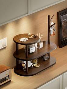 1Pc Vintage 3-Tier Wooden Desktop Storage Rack With Tree Branch Hooks, Multifunctional Tabletop Display Organizer, Countertop Shelf For Cosmetics, Makeup, Coffee Mugs, Jewelry, Keys, Watches, Fashion Glasses, Decorative Storage Stand For Vanity, Bedroom, - Multicolor - View 4