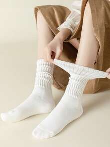 1/2/3/4 Pairs White Women Ribbed Slouchy Scrunch Mid Calf Tube Skate Socks, Solid Loose Cuff Stackable Crew Socks Teen Girls Vintage Street Style - Multicolor - View 1