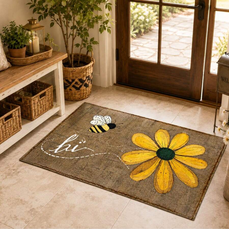 1pc, Bee & Daisy Pattern Printed Faux Cashmere Kitchen Mat, Absorbent Kitchen Floor Mat, Kitchen Rug, Long Runner Mat, Sink Front Mat, Suitable For Kitchen, Bathroom, Entryway, Hallway, Laundry Room And Home Decor - Multicolor - View 1