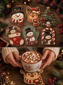 6-Piece Christmas Coaster Set (Snowman & Reindeer)–Irregular Wooden Cartoon Coasters Featuring Christmas Tree, Stocking, Mitten, Candy Cane, And Door Designs; Christmas Gifts,Suitable For Home Kitchens, Dining Areas, Holiday Parties, And Winter Decor - Multicolor - View 3