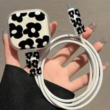 3PCS Romantic Minimalist Black Floral Pattern TPU Soft Protective Case Compatible With Iphone UK 18W/20W Charger, Apple Type-C Protector Anti-Break - Black Flower - View 1