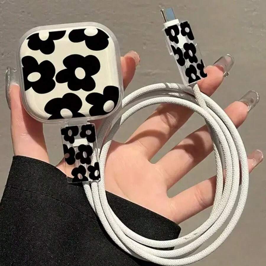 3PCS Romantic Minimalist Black Floral Pattern TPU Soft Protective Case Compatible With Iphone UK 18W/20W Charger, Apple Type-C Protector Anti-Break - Black Flower - View 1