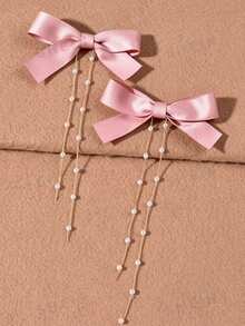2pcs/Set Women's Bow Tassel Pendant Hair Clips - Pink - View 1