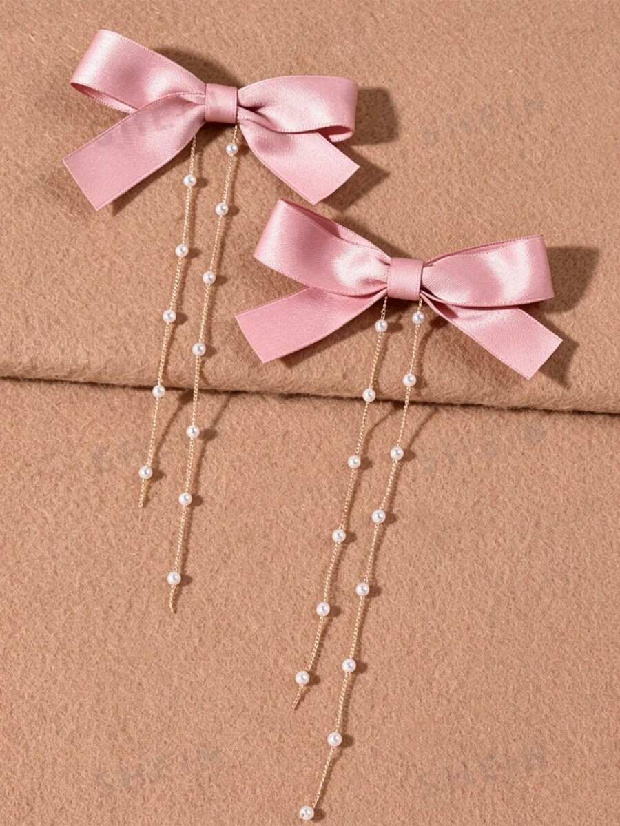 2pcs/Set Women's Bow Tassel Pendant Hair Clips - Pink - View 1