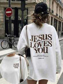 Plus Size Women's Leopard Print "Jesus Loves You" Bible Verse Long Sleeve T-Shirt, Moderate Stretch Crew Neck Loose Casual Autumn Top - White - View 3