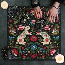 1pc Folk Art Dual Rabbit Tarot Cloth, Bohemian Floral Altar Mat, Vintage Divination Tablecloth, Mystic Spiritual Home Decor Tapestry - Black - View 5