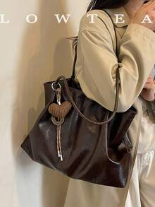 low tea 1pc Pleated PU Fabric Shoulder Tote Bag Suitable For Commuting, Shopping, Etc. (With Pendant) - Coffee - View 6