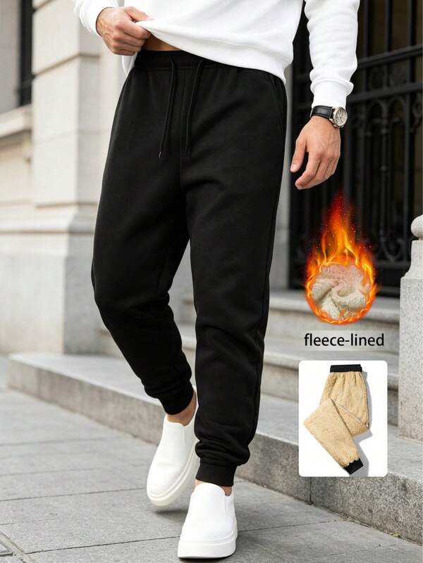 Men's Autumn/Winter Casual Solid Color Minimalist Thermal Lined Jogger Pants