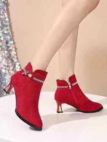 Matte Leather Boots Women's 2026 Autumn/Winter Chelsea Ankle Boots Mid-Heel Thermal-Lined Pointed Toe Rhinestone Chunky Heel Red Boots - Red - View 8
