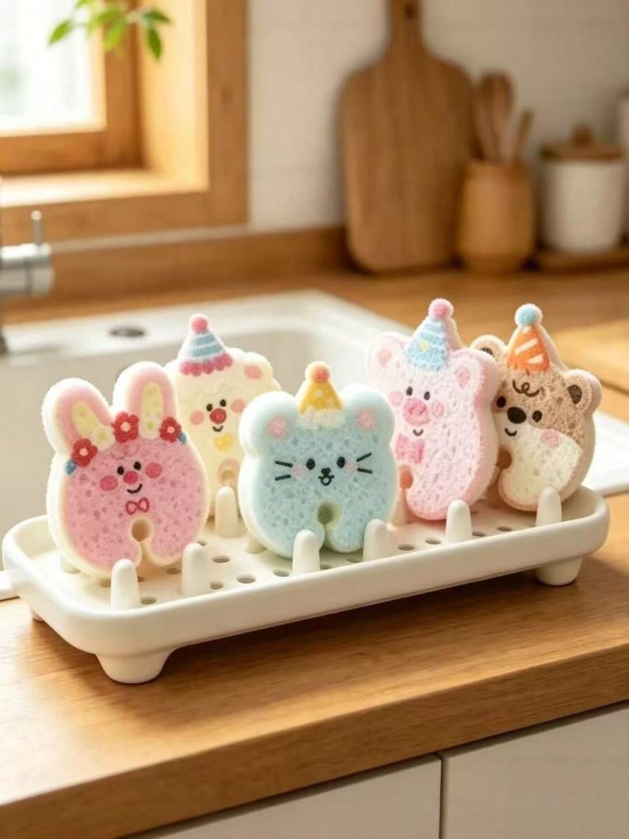 Spons Cuci Piring Berbentuk Hewan Kartun Lucu, Spons Pembersih Berbentuk Topi Pesta, Beruang, Kelinci, Babi, dan Domba, Alat Cuci Panci dan Mangkuk Dapur yang Lembut dan Menyerap, untuk Penggunaan Sehari-hari di Rumah - A - View 1