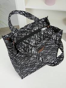 DLIU 1pc New Arrival Thick Fabric Tote Bag Lunch Box Bento Bag Square Storage Bag Office Commute Shopping Bag Suitable For Work School Picnic Daily Use - Black and White - View 5