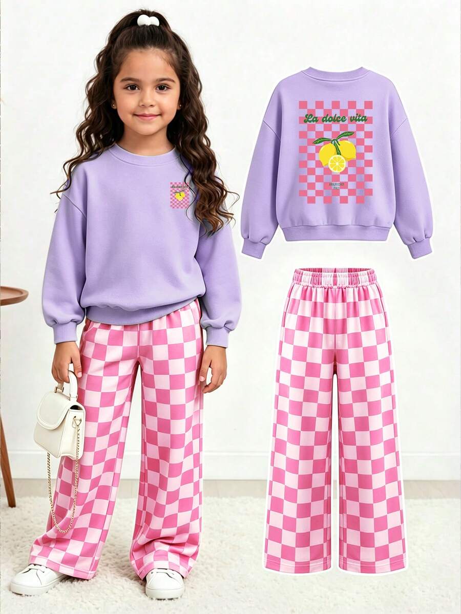 2pcs/Set Girls Cartoon Plaid Print Crew Neck Sweatshirt + Random Cut Pink Plaid Long Pants, Autumn/Winter Fashion New Style - Multicolor - View 1