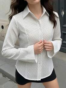 Women's White Polka Dot Polyester Button-Down Shirt, Shirt Collar, Flared Long Sleeves, Regular Length, Suitable For Autumn Wear. - White - View 5