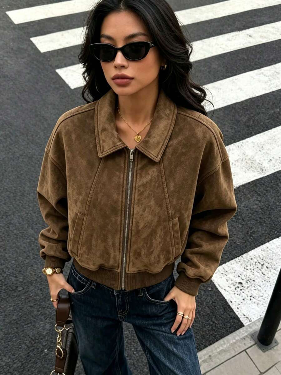 Seelio Spring New Women's Jacket, European And American Fashion Minimalist Versatile Velvet Texture Effect Outerwear - Brown - View 1