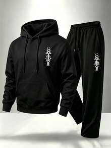2pcs Men's Hoodie And Ankle Pants Set, Casual Pullover, Mysterious Pattern Print Sweatpants Set, Suitable For Hiking, Outdoor Trekking And Travel - Black - View 4