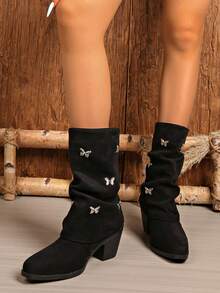 Black Butterfly Rhinestone Chunky Heel Mid-Calf Boots, Women's Pointed Toe Autumn/Winter Vintage Ruched Western Cowboy Boots - Black - View 3