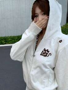 New Women's Autumn Clothing Loose Minimalist Casual American Style Patchwork Layered Leopard Print Hooded Sweatshirt Jacket Spring Thin - Grey - View 4