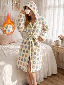 Aesletic Girls' Milk Yellow Colorful Floral & Heart Print Hooded Coral Fleece Bathrobe, Autumn/Winter Waist Short Robe - Multicolor - View 3
