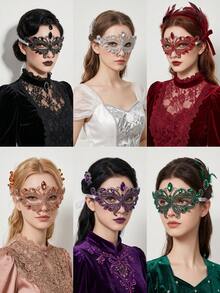 European & American Vintage Gothic Hollow Butterfly Mask, Halloween Party Sparkling Rhinestone Half Face Eye Mask, Alloy Ribbon Ball Mask Face Accessory - Multicolor - View 2
