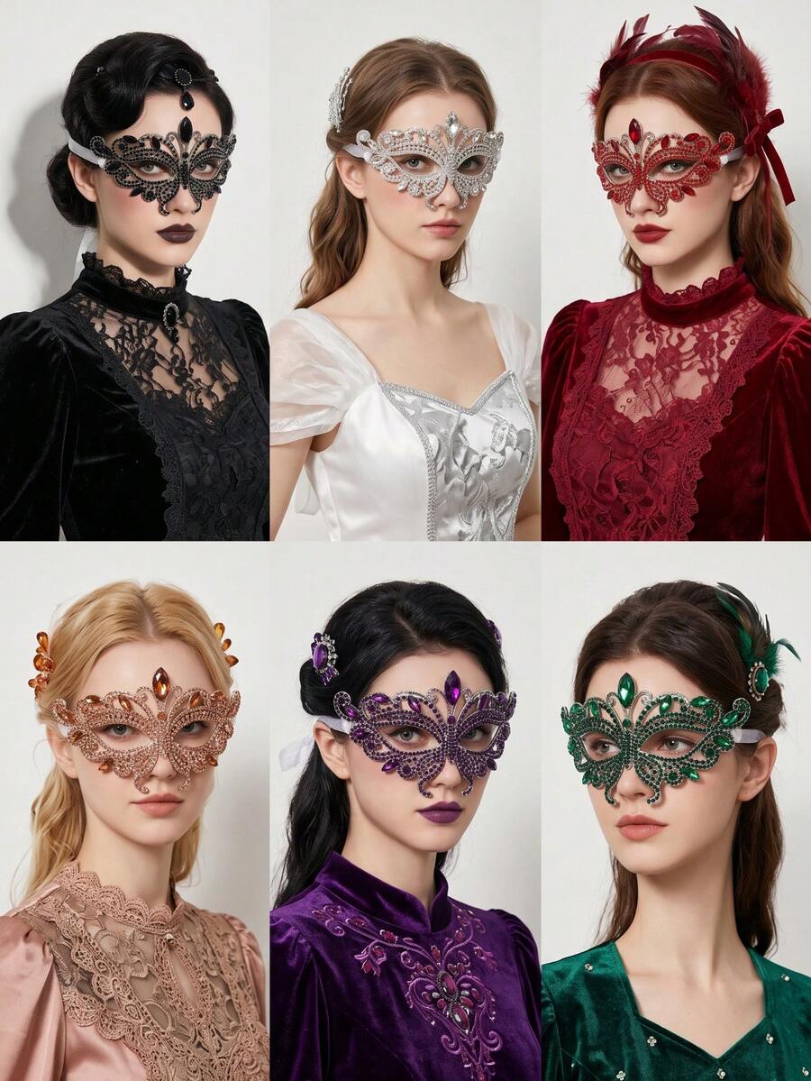 European & American Vintage Gothic Hollow Butterfly Mask, Halloween Party Sparkling Rhinestone Half Face Eye Mask, Alloy Ribbon Ball Mask Face Accessory