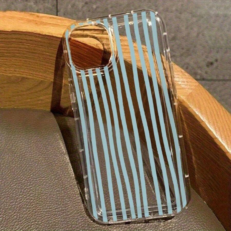 1PC Minimalist Blue & Green Striped Transparent Soft TPU Phone Case, Compatible With Apple 18 17 16 15 14 13 12 11 Plus Pro Max Series, Personalized Ins Style - Clear - View 1