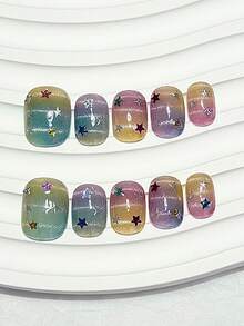 10pcs Dreamy Rainbow Gradient Silver Line Cat Eye Star Short Round Removable Reusable False Nails Nail Art Supplies (1pc Jelly Sticker + 1pc Nail File) - Multicolor - View 1