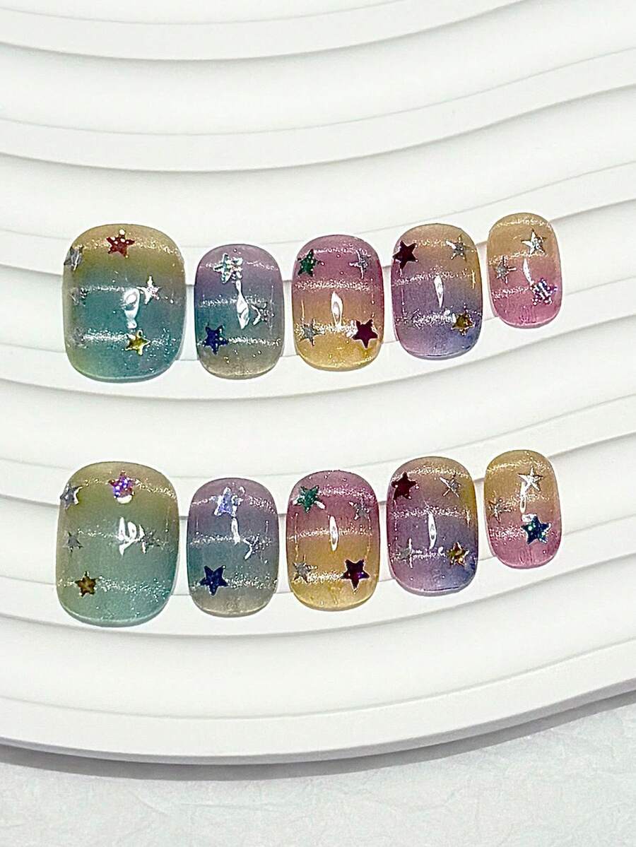 10pcs Dreamy Rainbow Gradient Silver Line Cat Eye Star Short Round Removable Reusable False Nails Nail Art Supplies (1pc Jelly Sticker + 1pc Nail File) - Multicolor - View 1