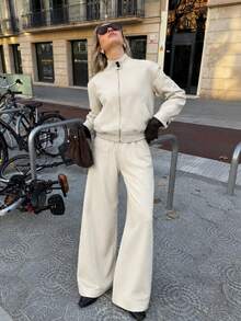Women's Casual Cream Color 2 Pieces Set, Autumn/Winter Wool Fabric, Includes Zipper Jacket And Wide Leg Pants, Vintage Daily Outfit Set, With Pockets - Apricot - View 1