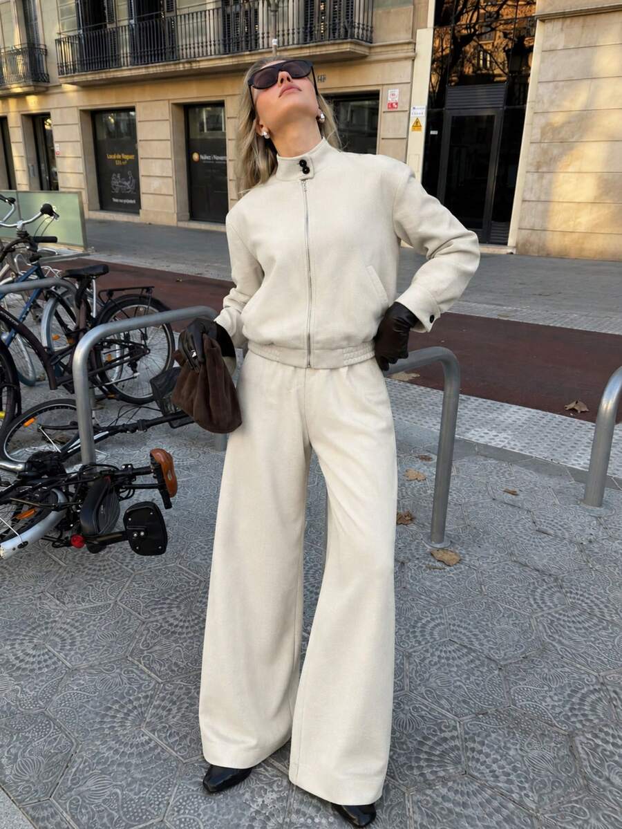 Women's Casual Cream Color 2 Pieces Set, Autumn/Winter Wool Fabric, Includes Zipper Jacket And Wide Leg Pants, Vintage Daily Outfit Set, With Pockets - Apricot - View 1