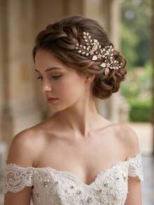 3pcs Elegant Gold Rhinestone & Pearl Hair Clips, Handmade Leaf-Shaped Bridal U-Shaped Hair Forks, Romantic Women's Wedding Hair Accessories - Multicolor - View 7
