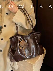 low tea 1pc Pleated PU Fabric Shoulder Tote Bag Suitable For Commuting, Shopping, Etc. (With Pendant) - Coffee - View 7