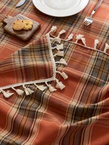 1‑Piece Vintage Blue‑Orange Tartan Plaid Tablecloth, Cozy Rustic Polyester Table Cover With Tassel Edge, Stylish Table Topper To Boost Halloween Fall Atmosphere, For Kitchen Dining Table $ Coffee Halloween Holiday Party Indoor Home Decoration - Tassel Trim - View 8