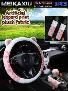 MEIKAXIU 3/4/5/6PCS Car Accessories Set, Artificial Leopard Print Plush Car Steering Wheel Cover Without Inner Ring, Matching Handbrake Cover, Gear Shift Cover, Shoulder Guard, Armrest Box Pad, Car Decoration Items For Women - Leopard Print Plush Set With Ears - View 28