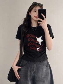 女款時尚短袖休閒圓領百搭極簡字母與星星印花T恤，夏季黑色 - 黑色 - 查看 2