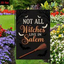 1 Pc Garden Flag, Black‑Base Bare‑Branch Bat Group Broom Print, Fun Handwritten Text Decor, Flag Only No Pole, For Yard Outdoor Decor - A - View 9