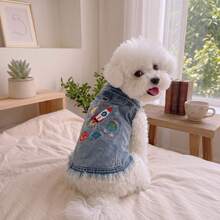 Jaket Hewan Peliharaan Denim Bordir Luar Angkasa, Rompi Berumbai, Cocok Untuk Anjing Kecil dan Sedang, Rompi Modis Musim Gugur/D-Ring - Biru - View 1