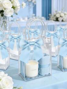 10pcs Blue Transparent Plastic Gift Bags With Handles, Reusable PP Material, With Bows, Suitable For Weddings, Bridal Showers, Birthday Parties, Baby Showers, Gender Reveal Parties, Small Businesses And Other Occasions - Light Blue - View 1