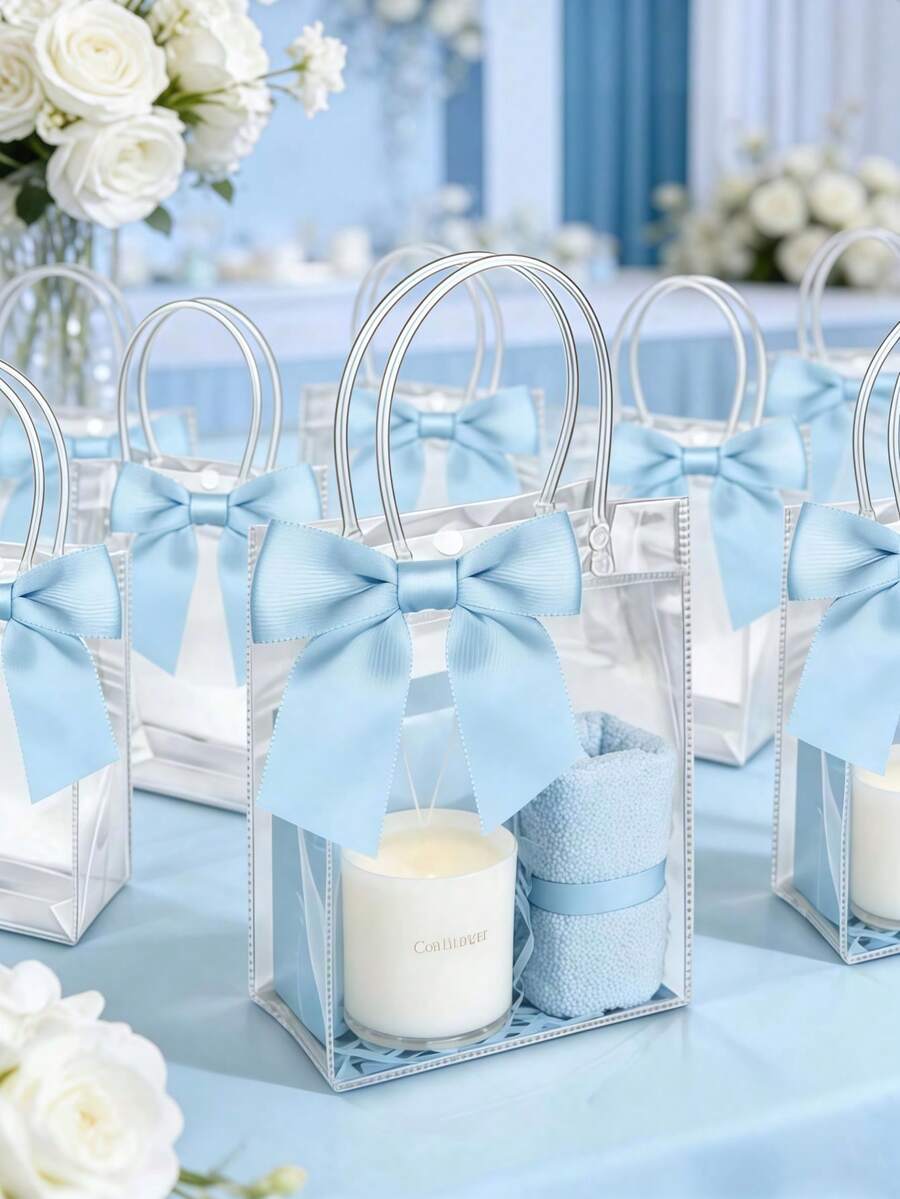 10pcs Blue Transparent Plastic Gift Bags With Handles, Reusable PP Material, With Bows, Suitable For Weddings, Bridal Showers, Birthday Parties, Baby Showers, Gender Reveal Parties, Small Businesses And Other Occasions - Light Blue - View 1