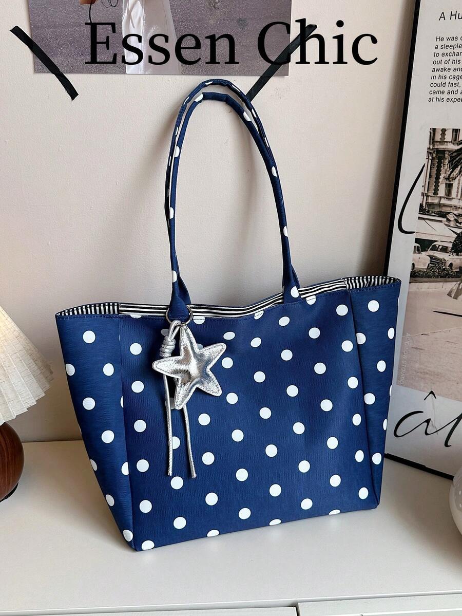 1 buah Tas Tote Nilon Polkadot Kapasitas Besar Warna Biru untuk Wanita