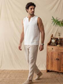 glestore Men's Vintage "Old Money" Style Linen Sleeveless T-Shirt: Soft, Comfortable, And Stylish-A Versatile Choice For Men's Sleeveless Tops - White - View 5