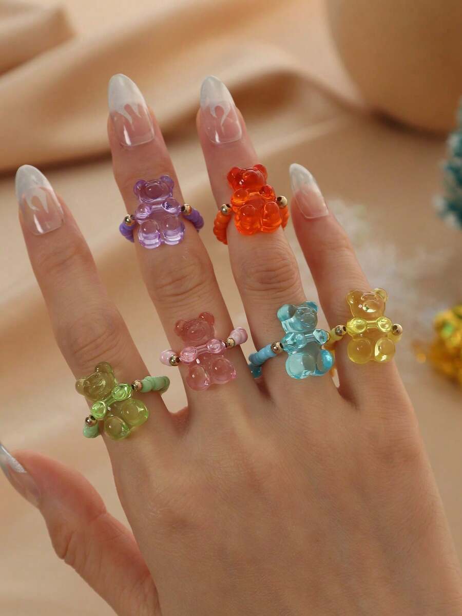 6pcs/Set Girls Colorful Seed Bead Bear Rings Set, Suitable For Daily Decoration - Multicolor - View 1