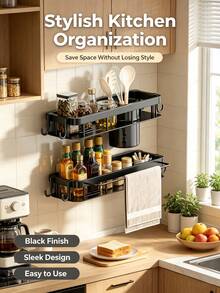 1pc Wall‑Mounted Kitchen Spice Rack, No Drill Double‑Tier Storage Organizer With Utensil Holder & Hooks, Black Metal Seasoning Shelf For Kitchen Counter Space Saving - Kitchen Shelves - View 3