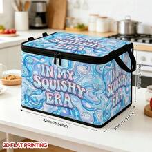 1pc 2DFlat Foldable Zipper Storage Box, Blue Iridescent Fluid Shell Fun English Art Letter Full Print Design, Can Store Clothes, Bedding, Nail Tools, Holiday Sundries, Suitable For Under Bed, Wardrobe Placement And Moving Packing, Zipper Closure Secure, Reinforced Handle Durable Weight-Bearing Living Room Sundries Storage Basket, Dormitory Seasonal Bedding, Book Storage Supplies - A - View 11