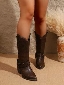 Women's Pointed Toe Western Cowboy Mid-Calf Boots, Silver Studs Decoration, Split Shaft With Pull Tab, Vintage Distressed Chunky High Heel Mid-Calf Boots, Suitable For Commuting, Gatherings, Parties And Other Occasions - Brown - View 6