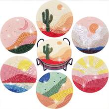 6pcs/Set Starry Landscape Pattern Diamond Painting DIY Coaster, Asymmetric AB Rhinestone, With Cup Holder - Multicolor - View 4