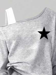 Youth Girl Cartoon Print Round Neck Asymmetrical Shoulder Long Sleeve Top And Pants - Grey - View 3