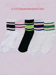 5/10 Pairs Women's Random Striped Breathable Comfortable All-Season Street Casual Fashion Mid-Calf Socks - Multicolor - View 6