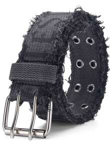 1pc Men's Denim Embossed Washed Double Buckle Belt, Popular Style - Black - View 6