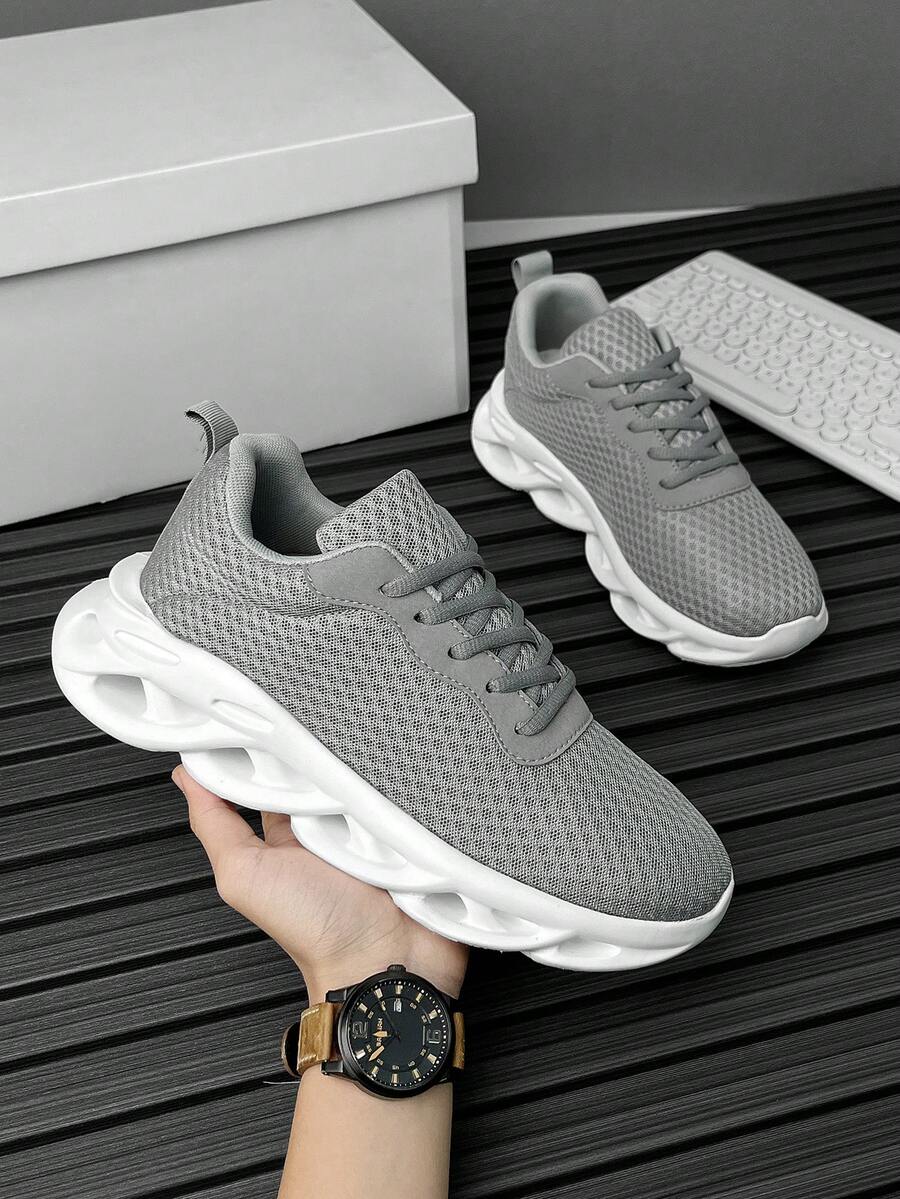 Men's White & Grey Versatile Mesh Sports Casual Shoes, Hollow Asymmetric Thick Sole Invisible Height Increase, Lightweight & Breathable, Suitable For Street, Commute, Daily Jogging
