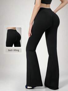 NcmRyu Women's 1pc Colorblock Fold-Over High Waist Running Gym Yoga Pants With Flared Leg - Black - View 2
